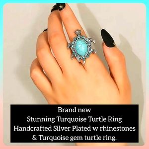 Stunning Turquoise Turtle Ring Handcrafted Silver Plated w rhinestones